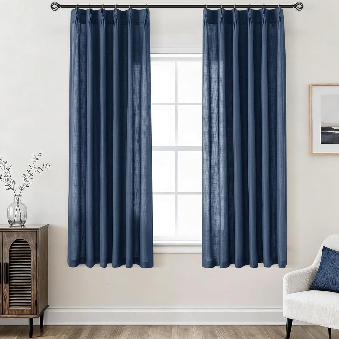 Navy Blue Linen Pleated Curtains 63 Inch Length 2 Panels for Living Room Pinch Pleat Semi Sheer Drapes Light Filtering Window Treatments with Hooks Lightweight for Bedroom Elegant Country Decor 40x63
