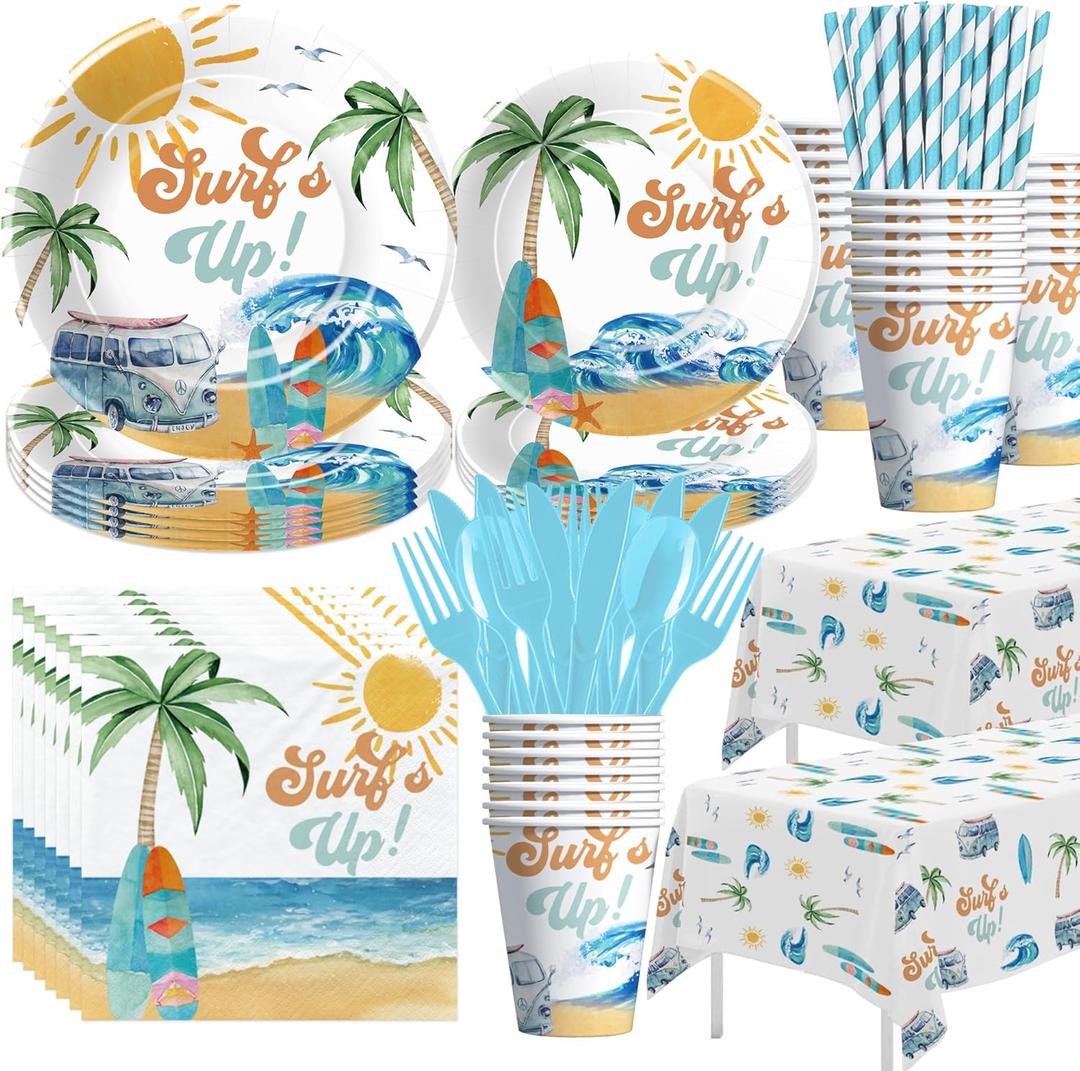 APOWBLS Surf's Up Party Decorations Tableware For Boys - Surf Birthday Party Supplies, Paper Plate, Cup, Napkin, Cutlery, Tablecloth, Summer Hawaiian Beach Wave Surfing Birthday Decorations | Serve 24