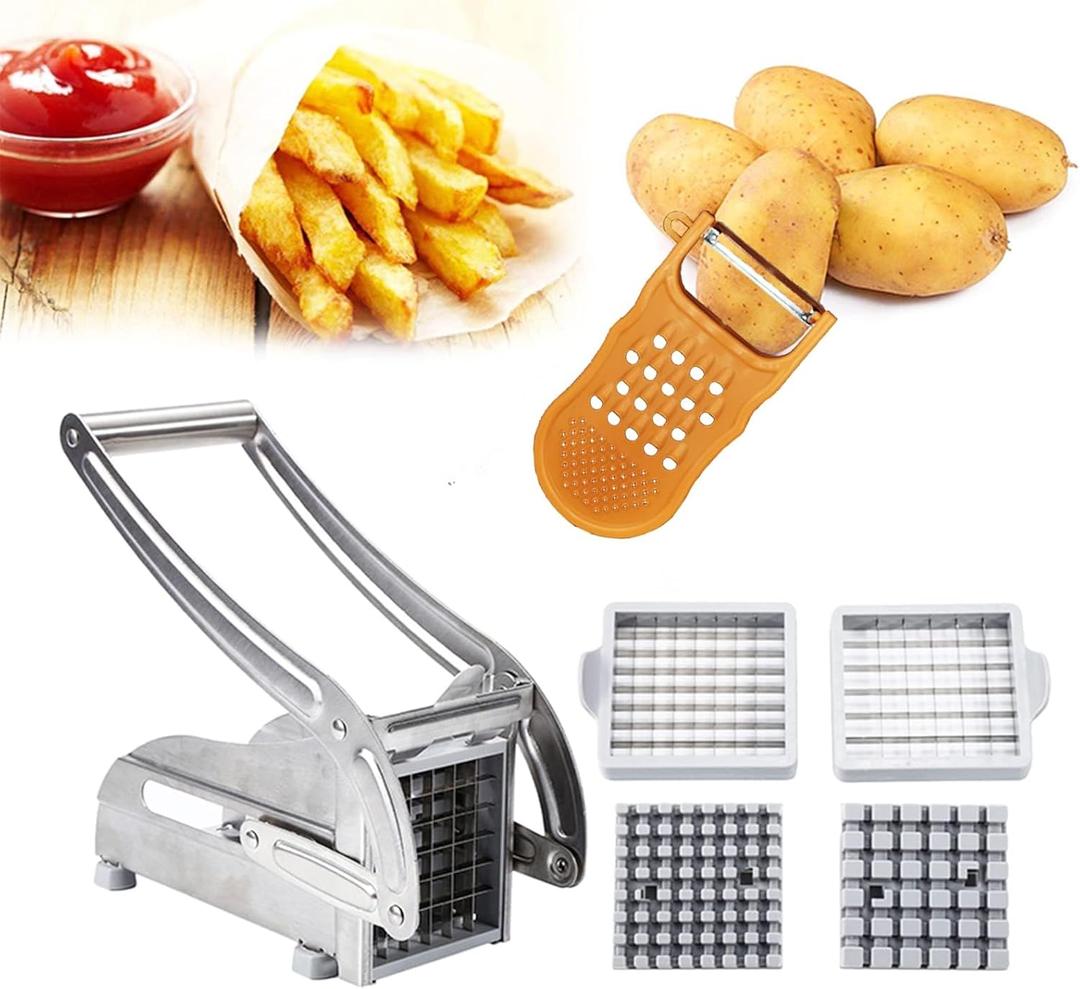 Azooken Stainless Steel French Fry Cutter, 2-blade Potato Slicer No-Slip Suction Base French Fry Cutter with 1 Peeler, Perfect for Potatoes, French Fries, Cucumber,Vegetables Carrot