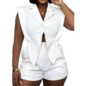 Molisry Women's Sleeveless Rompers Dressy Irregular Lapel Neck Blazer Vest Elasitc Waist Shorts Jumpsuit Casual 2025, White, 3X-Large
