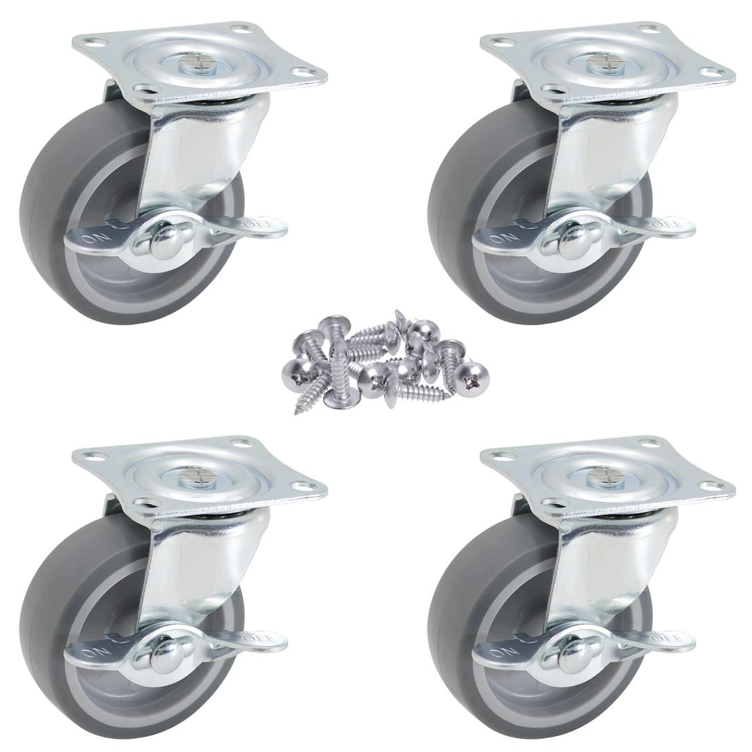 3"(75mm) Swivel Gray TRP Rubber w/Metal Side Brake Casters with M6 Screw,8.8mm Bolt Hole on Top Plate,Plain Bearing Wheel Moves Smooth Quiet Sturdy,Total Load Capacity 465Lbs/210Kg 4-Pack