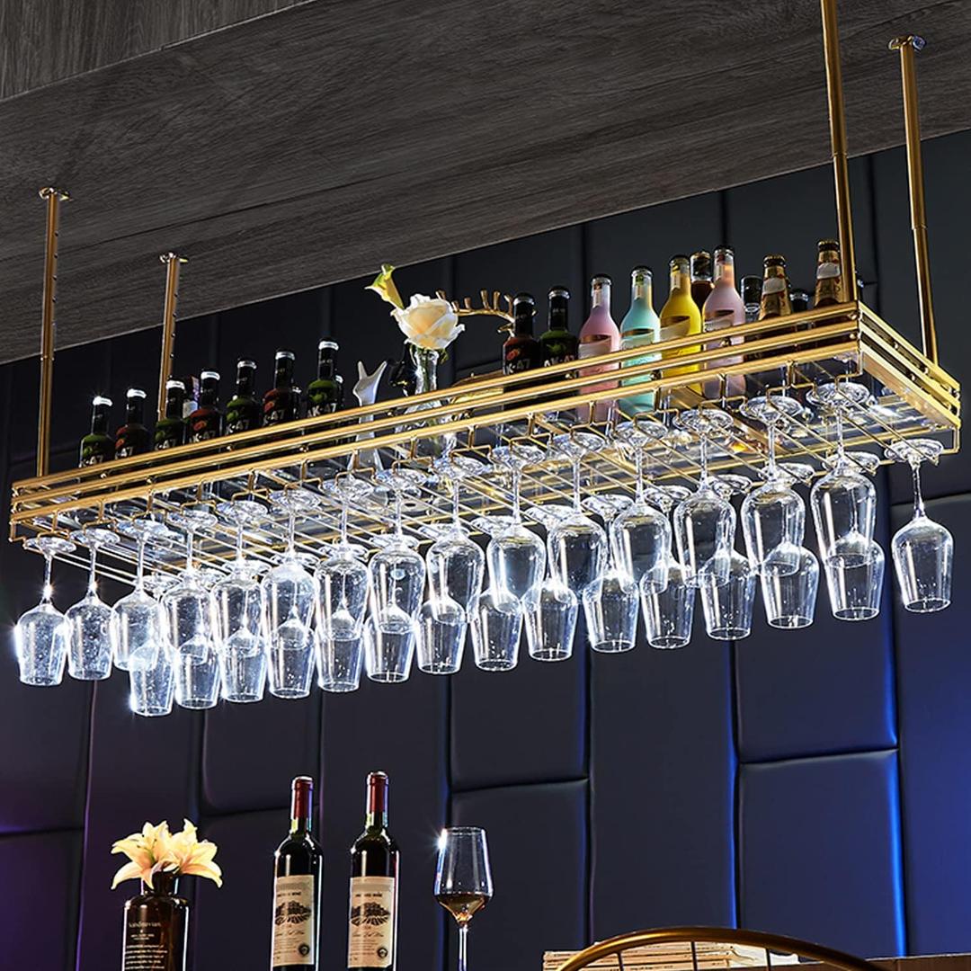 Ceiling Rack & Hanging, Adjustable Hanging Rack with Acrylic Board for Bar Cafe Kitche, 39.4''x13.8'' Iron Hanging Glass Racks, Bottle, Goblet Stemware Rack, Mug Rack-Gold
