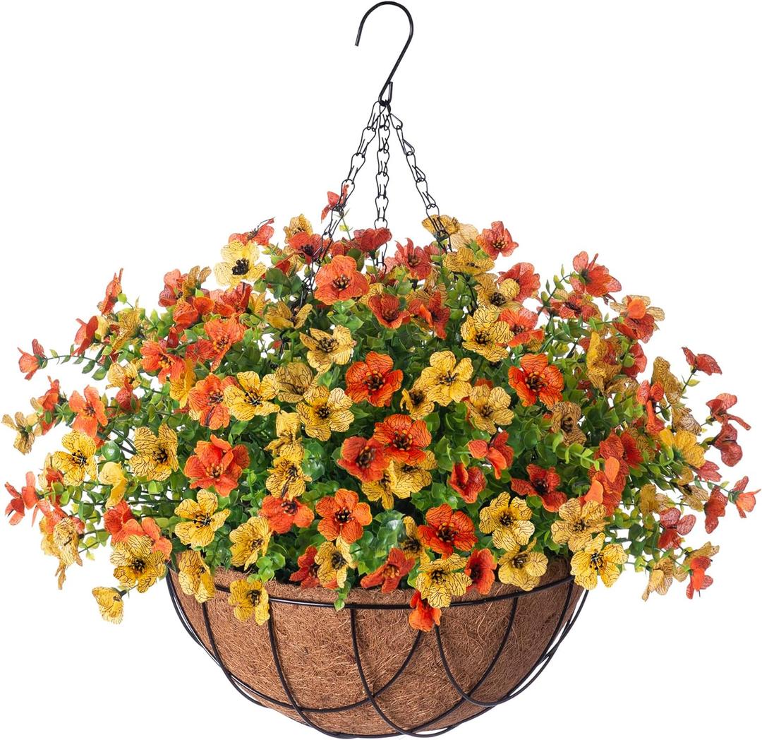 Artificial Silk Flowers Spring Hanging Basket for Outdoor Indoor, Daisy with Eucalyptus Leaves Arrangement for Garden Yard Decor, Faux Green Plant in Metal Coconut Lining Pot(Yellow Orange)