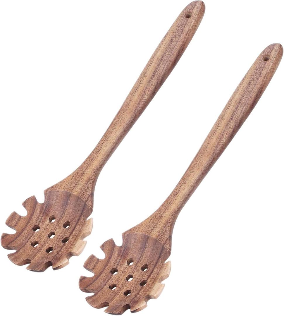 3 x Wooden Pasta Spoon Spaghetti Fork 12.8 Inch Long Hand Pasta Serving Kitchen Utensils Acacia Wood Pasta Forks Spatula Tool Noodle Spoon