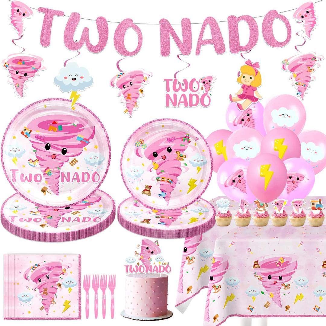 132PCS Pink Tornado Party Supplies Birthday Decorations for Girls Tornado 2nd Disposable Plates Napkins Set, Banner, Hanging Swirls, Tablecloth, Cake Topper, Balloon,Tornado 2nd 2 Year Old Baby Shower