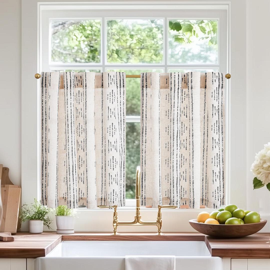 jinchan Boho Kitchen Curtains Linen Cafe Tier Curtains 45 Inch Bohemian Geometric Striped Mudcloth Small Window Drapes for Living Room Bathroom Cabinet Light Filtering Back Tab 2 Panels Black on Flax