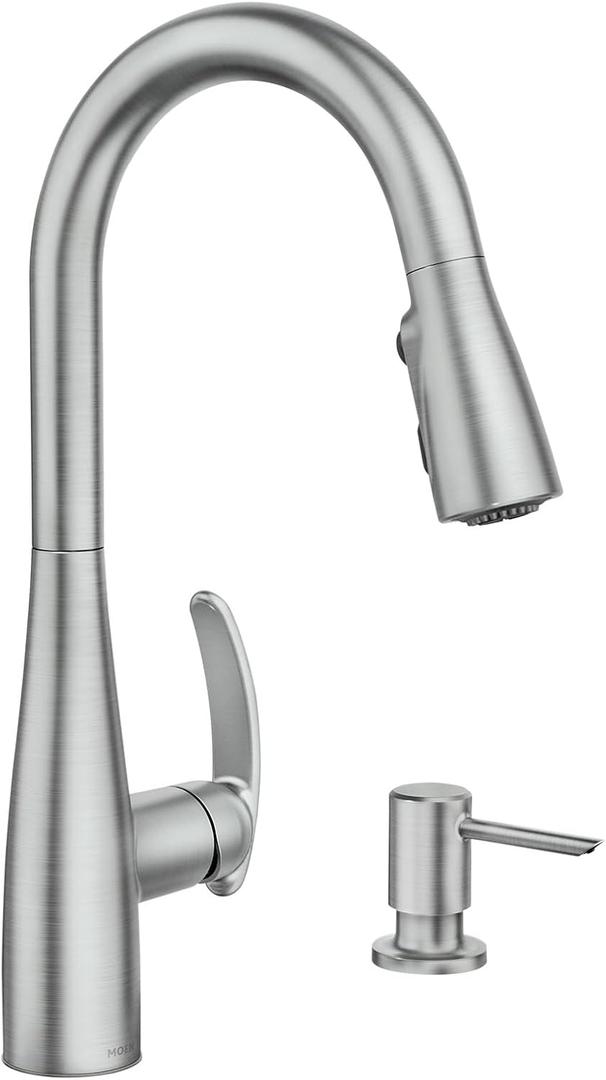 Moen Reyes Spot Resist Stainless One-Handle High Arc Pulldown Kitchen Faucet with Soap Dispenser and Power Boost, 87932SRS