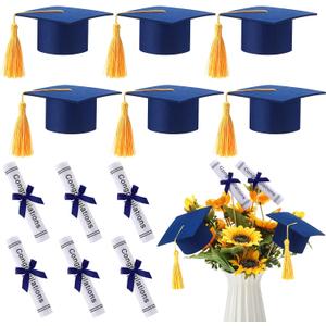 Breling 24 Pcs Blue and Gold Graduation Centerpiece Sticks Felt Graduation Scroll Diploma and Grad Cap with Tassel Decor 2026 Table Toppers Centerpiece Party Supplies for Grad Party Decorations