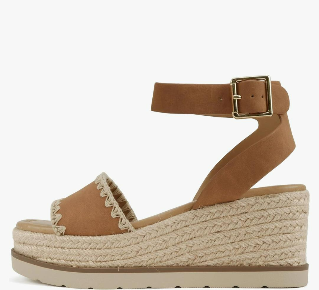 Soda “Laguna” ~ Women Square Toe Stitched Single Band Low Heel Espadrille Wedge Sandal with Adjustable Ankle Strap