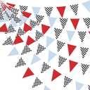 32Ft Racing Party Decorations Red Blue Black White Checkered Racing Car Fabric Banner Triangle Flag Pennant Garland Streamers for Kids Race Car Birthday Racetrack Baby Shower NASCAR Picnic Decor