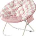 Urban Lifestyle Printed Back Micromink Saucer Chair with White Legs and Side Storage Pocket, Pink and White Check