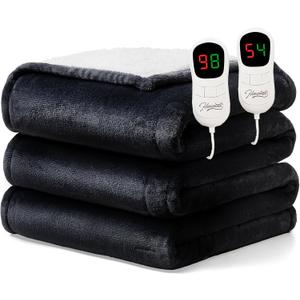 Homemate Electric Heated Blanket Queen Size - 84"x90" Heating Blanket Queen Size Dual Control 1/2/4/6/8 Hours Auto-Off 10 Heat Level Over-Heat Protection Flannel Sherpa ETL Certification (07 - Black)