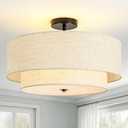 4-Light Semi Flush Mount Ceiling Light, 19.7" Double Drum Ceiling Light Fixture with Linen Fabric Shade, Modern Black Ceiling Light for Dining Room, Living Room, Bedroom, Kitchen, Hallway, Entryway