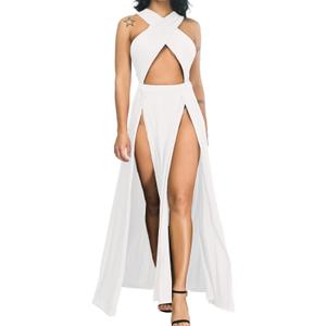 Velius Women Sexy Hollow Out Halter Wrap Sleeveless Plain Pleated Slit Casual Long Maxi Dress (Small, White)