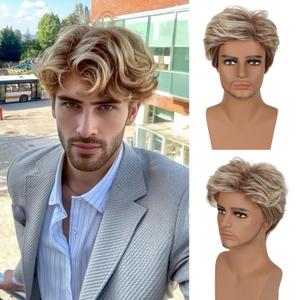 Mens Wig Short Synthetic Wigs for Daily Costume Halloween Wig (Color:Brwon Gold#)