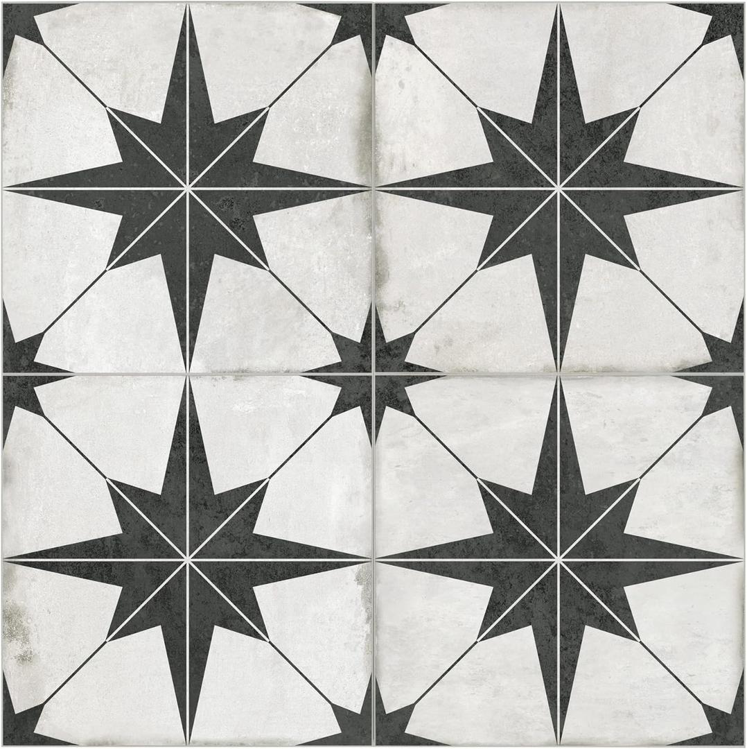 The Tiles Plaza Encaustic Peel and Stick Backsplash, Black Star Patterned Vintage Stick on Tiles, Stone Composite Self-Adhesive Wall Tile Sticker for Kitchen Bathroom Fireplace Stairs, 10 Sheets (12x12 Inch)