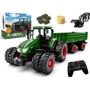 Remote Control Tractor Toy with Trailer | Metal Front & Front Loader Farm Vehicle Set with Lights & 8-Wheel Design, RC Tractor Truck for Boys & Girls Ages 3-9, Fun Farm Toy Gift for Toddlers & Kids (Green)
