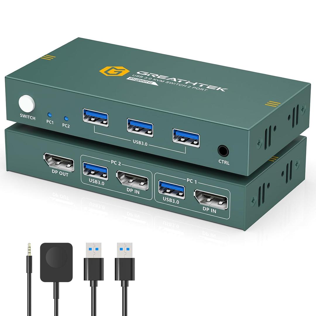 KVM Switch 1 Monitors 2 Computers Displayport 8K@60Hz, USB3.0 KVM Switch Displayport with 3 USB 3.0 Ports EDID Adaptive Sharing Mouse Keyboard and Monitor Plug and Play (Dark Blue)