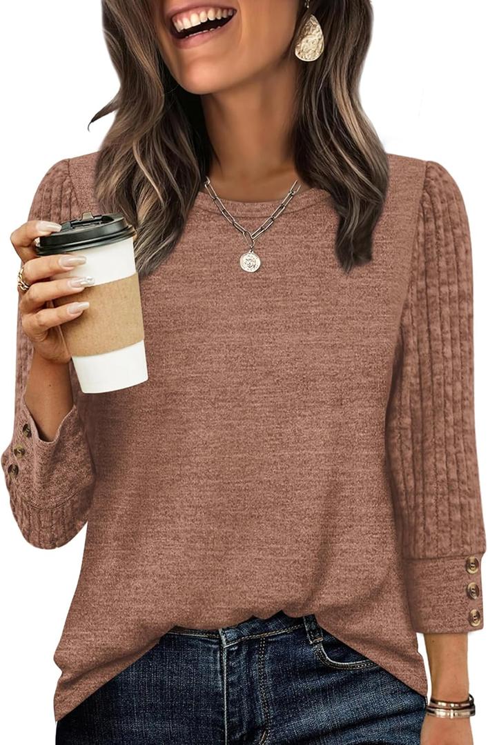 WIHOLL Long Sleeve Shirts for Women Lightweight Sweaters 3/4 Length Sleeve Fall Outfits 2025 Winter Clothing Dressy Casual (Medium, Chocolate Brown)