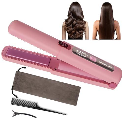LAMA Portable 2 in 1 Travel Straightener and Curler, Cordless Hair Straightener 4500mAh, Rechargeable LCD Flat Iron, Mini Ceramic Curling Iron,USB Rechargeable Hot Tools, Pink