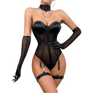 SHENHE Women's Strapless Bodysuit Lingerie Mesh Corset Sleeveless Sheer Garter Lingerie with Choker (Large, Black)