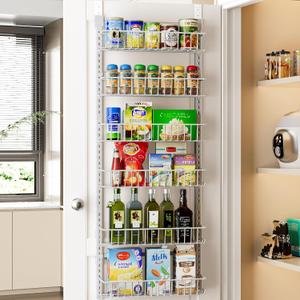 Delamu Adjustable Cabinet Door Organizer, 6-Tier Hanging Spice Rack Organizer, Metal Over the Door Pantry Organizer, Pantry Organizers and Storage Shelves for Kitchen Bathroom Laundry Room, White M