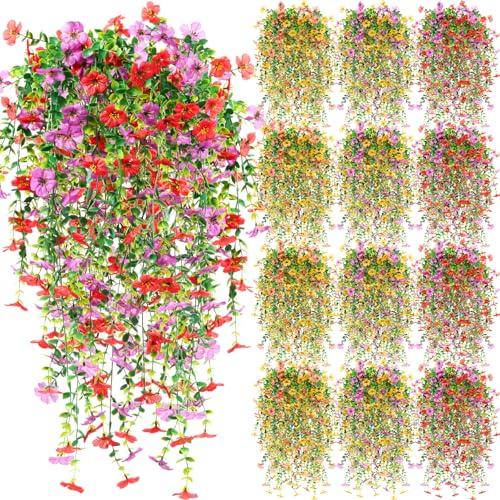 Hoteam 12 Pack Artificial Hanging Flowers Plants for Outdoors 30 Inch UV Resistant Fake Plastic Faux Artificial Plants Bulk for Planter Porch Patio Yard Garden Wedding Wall Indoor