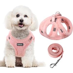 AIITLE Reflective Dog Vest Harness and Leash Set - Adjustable Plush Dog Harness with Safety and Double O-Rings Buckle -Cold Weather Dog Harness for Indoor and Outdoor Use Pure Pink XXXS