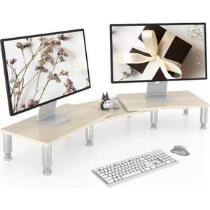AX Waber Dual Monitor Riser - Adjustable Length & Angle, Wooden Stand for 2 Monitors with Storage (Light)