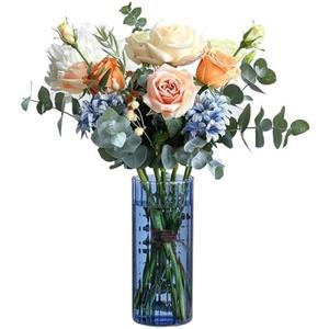 ComSaf Glass Cylinder Vases, Bud Vase for Centerpieces, 8 Inch Tall Ribbed Vase Hurricane Floating Candle Holder, Decorative Flower Vases for Wedding Reception, Home Decor, Housewarming Gift (Blue)