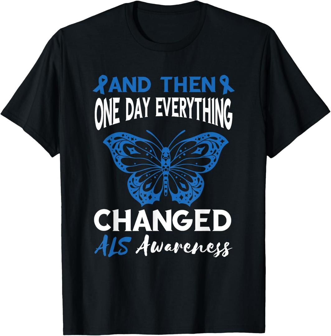 ALS Awareness One Day Everything Changed Blue Ribbon T-Shirt (Black, XXL)