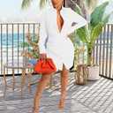 Women's Casual Long Sleeve Button Down Shirts Mini Dress Sexy V Neck T-Shirts Tops Loose Collar Long Blouse Wrap Dress (White, M)