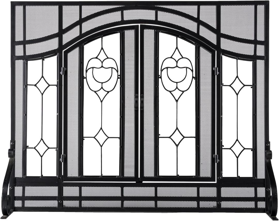 Plow & Hearth Metal Fireplace Screen Glass Floral Black | 44" W x 33" H | 2 - Door | Spark Guard Indoor Grate | Iron Fire Place Cover | Wood Burning Stove Decorative