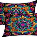 Shrahala Colorful Mandala Decorative Throw Pillow Cover, Vibrant Floral Pattern Lumbar Pillowcase Blended Double-Sided No Inserts for Bedroom Living Room Set of 2 (12 X 20 in)