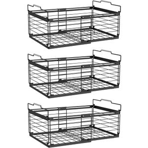 NADAMOO Freezer Organizer Bins, 3 Packs Large Expandable Stackable Chest Freezer Containers with Handle, Metal Adjustable Storage Baskets for Fridge, Deep Freezer, Cabinet, Kitchen, Pantry - Black