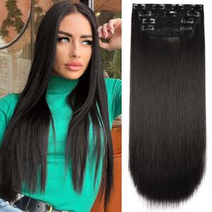 Black Thick Hairpieces Long Wavy Natural Synthetic Clip in Hair Extensions, for Women (3pcs, 16Inch)