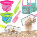 FHOZGECY Beach Toys, Sand Toys with 2 Collapsible Bucket, 2 Beach Mesh Shovel, Sand Shovel, Shark Tooth Sifter and Mesh Bag for Shell Collecting, Sand Dipper Beach Scoop Toys for Kids Boys and Girls