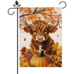 Fall Cow Garden Flag Cow and Pumpkins Seasonal Aumtumn Welcome Flags for Farmhouse Yard Lawn Decor Vertical Double Sided 12.5 x 18 Inch