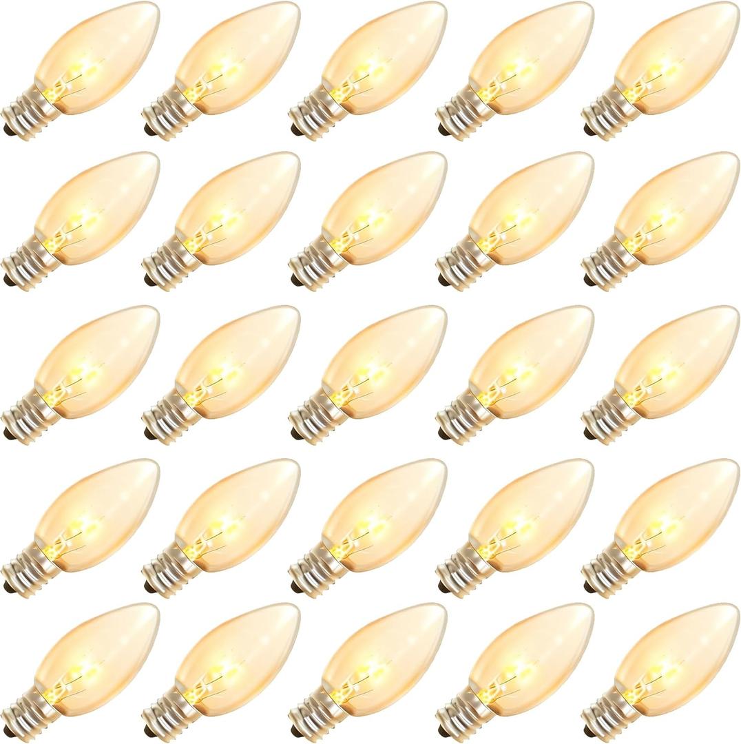 Abeja 25 Pack C9 Incandescent Replacement Bulb C9 Christmas Light Bulb for Holiday Party Christmas Decorative String Light E17 Intermediate Base 7w Clear Bulb