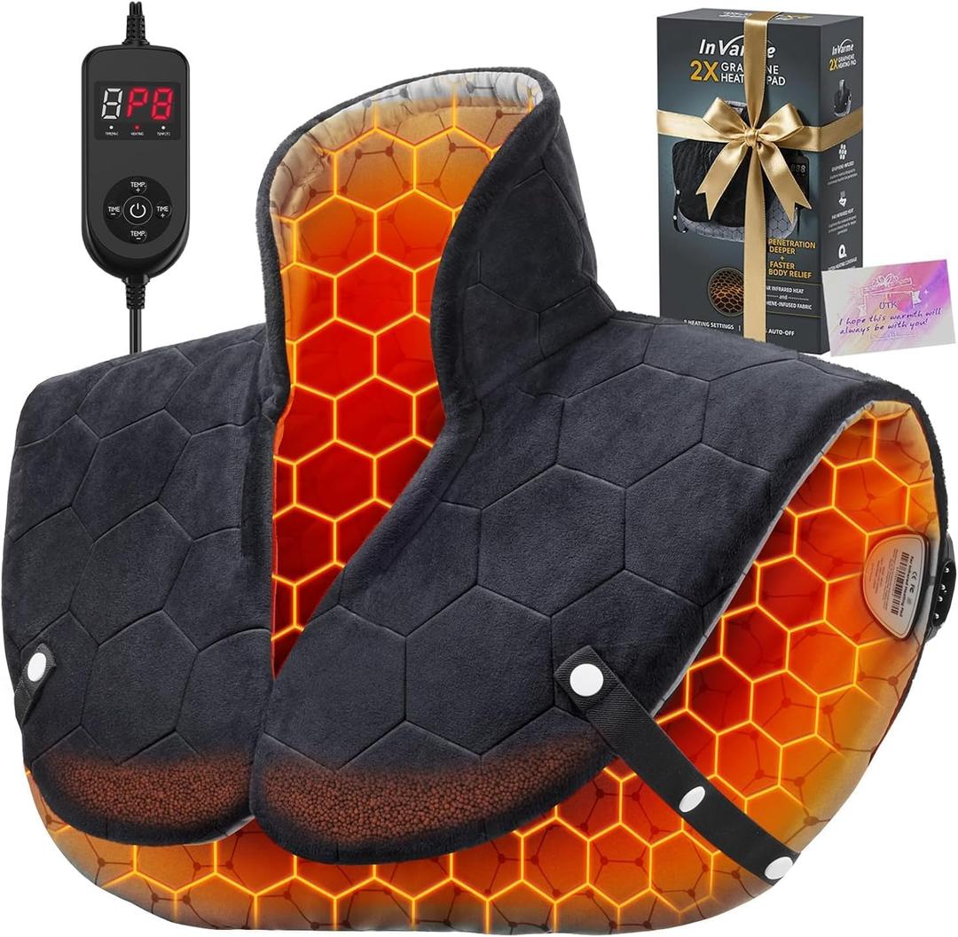 Neck and Shoulder Heating Pad: 2X Graphene Extra Hot Max 160 for Faster Deeper Pain Relief - 4H Auto Shut Off for Home Office Use - Machine Washable - Gifts for Dad Grandpa Husband (Black)
