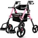2-in-1 Rollator Walker Transport Wheelchair Combo for Seniors with seat | 10" all-terrain tires|300 lbs Capacity|Foldable|Wide padded seat with backrest|Hand Anti-tip brakes|Adjustable height, Pink