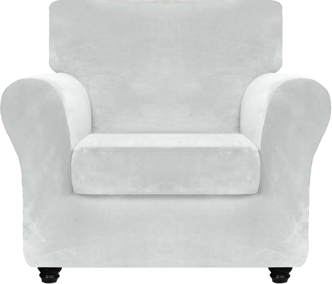 ZNSAYOTX Luxury Velvet Chair Slipcovers with Arm 2 Piece Stretch Chair Covers for Living Room Thick Soft Armchair Slipcover Anti Slip Pet Friendly Furniture Protector (Silver Grey),30"-47"(1 Cushion)