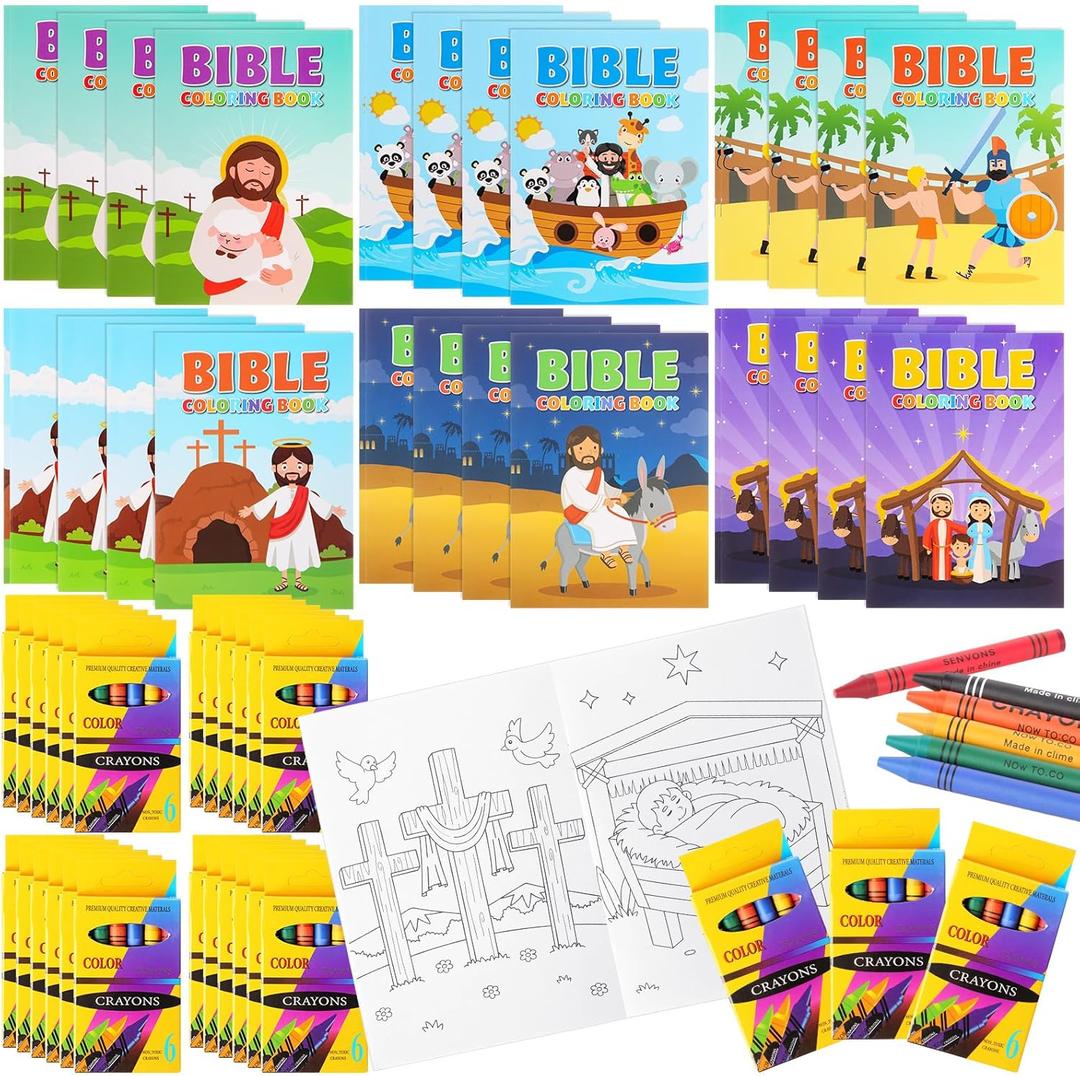 168 Pcs Christian Coloring Book Bulk with Crayon Religious Kid Coloring Books Mini Bible Story Activity Booklet Jesus Party Favor Gift for Holy Communion Art Sunday School Christmas DIY Craft