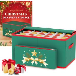 MODFUNS Christmas Ornament Storage Box Christmas Ornament Organizer Storage Box with Adjustable Dividers Fits 72 of 3 Inch Ornaments 600D Oxford Fabric Holiday Ornament Storage Container (Green)