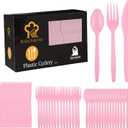 Kochorie 90 Pieces Pink Plastic Cutlery Set Disposable Plastic Utensils Heavy Duty Flatware Set Includes 30 Knives 30 Forks 30 Spoons for Party Wedding Birthday