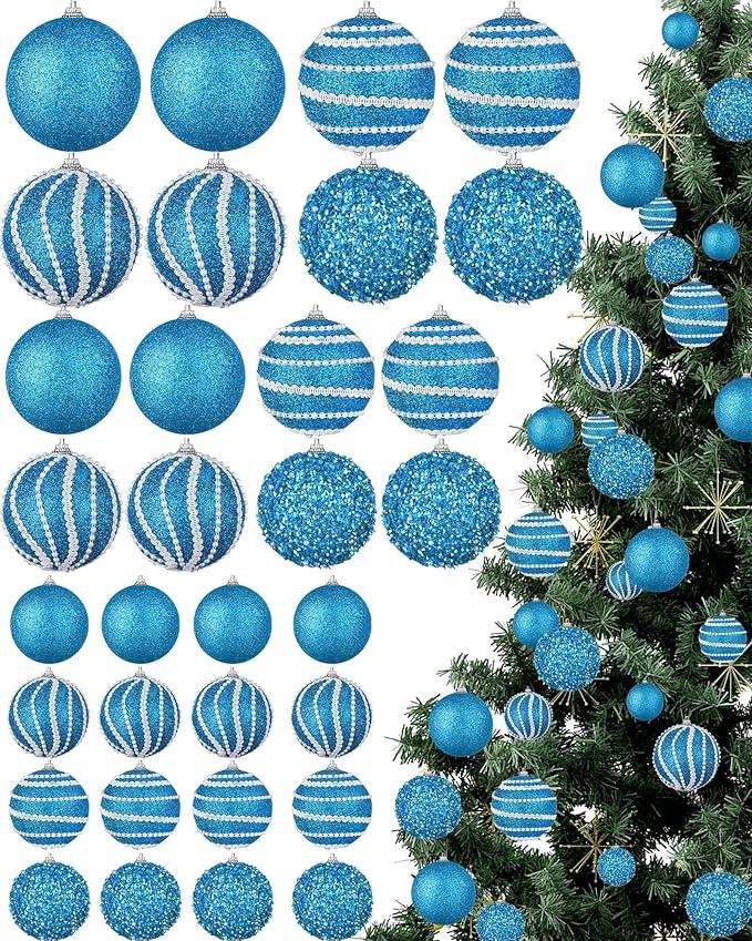 Sonwyoung 32 Pcs Christmas Hanging Balls  3 Size Glitter Pearl & Sequin Xmas Tree Ornaments Pearl Balls for Thanksgiving Day Xmas Trees Wreath Garland Holiday Party(Light Blue)