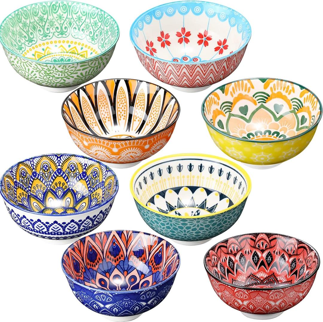 8 Pcs Colorful Ceramic Bowl Set 10 oz 4.75'' Porcelain Kitchen Soup Cereal Serving Bowls for Ramen Rice Dessert Snack Salad Ice Cream Pasta Oatmeal Microwave and Dishwasher Safe (Vintage)