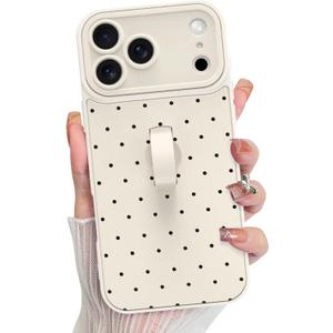 KANGHAR Compatible with iPhone 17 Pro Case 2025, Silicone Spot Cute Pattern, Wristband Kickstand Camera Protection Soft Slim Cover for Girls Women -White