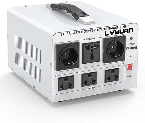 LVYUAN Heavy Duty 5000W Watt Voltage Transformer Converter Step Up/Down Converter 110/120 Volt - 220/240 Volt with 3 US,2 European,1 Universal Outlets and CE Certified,Circuit Break Protection