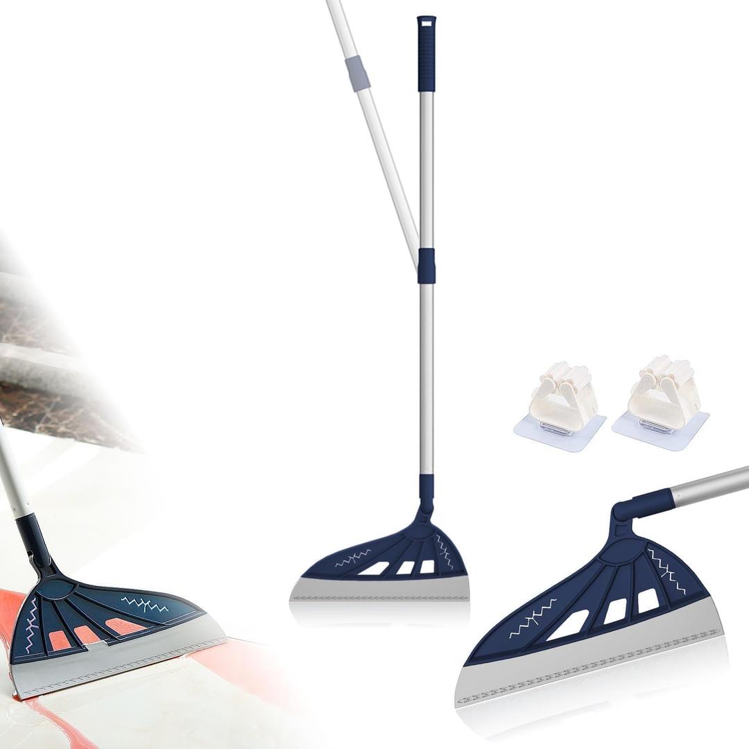 Magic Air Broom Household Silicone Broom, Multifunction Floor Squeegee with 2 Heads - Brush and Scrape, Magic Broom Sweeper with Extra-Long Adjustable Aluminum Handle for Floor, Glass, Tile (Blue)